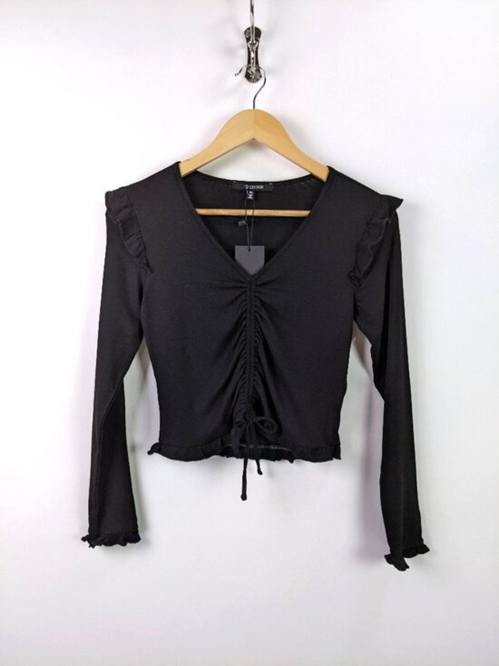 19 Cooper Womens Shirred Long Sleeve Black Crop Top Size XS